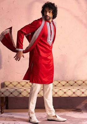Red Ethnic Motifs Poly Blend Kurta Set For Men