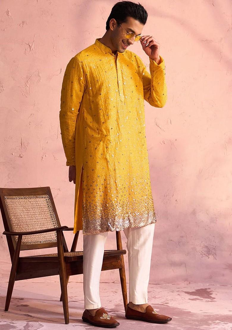 Yellow Embellished Georgette Kurta Set For Men