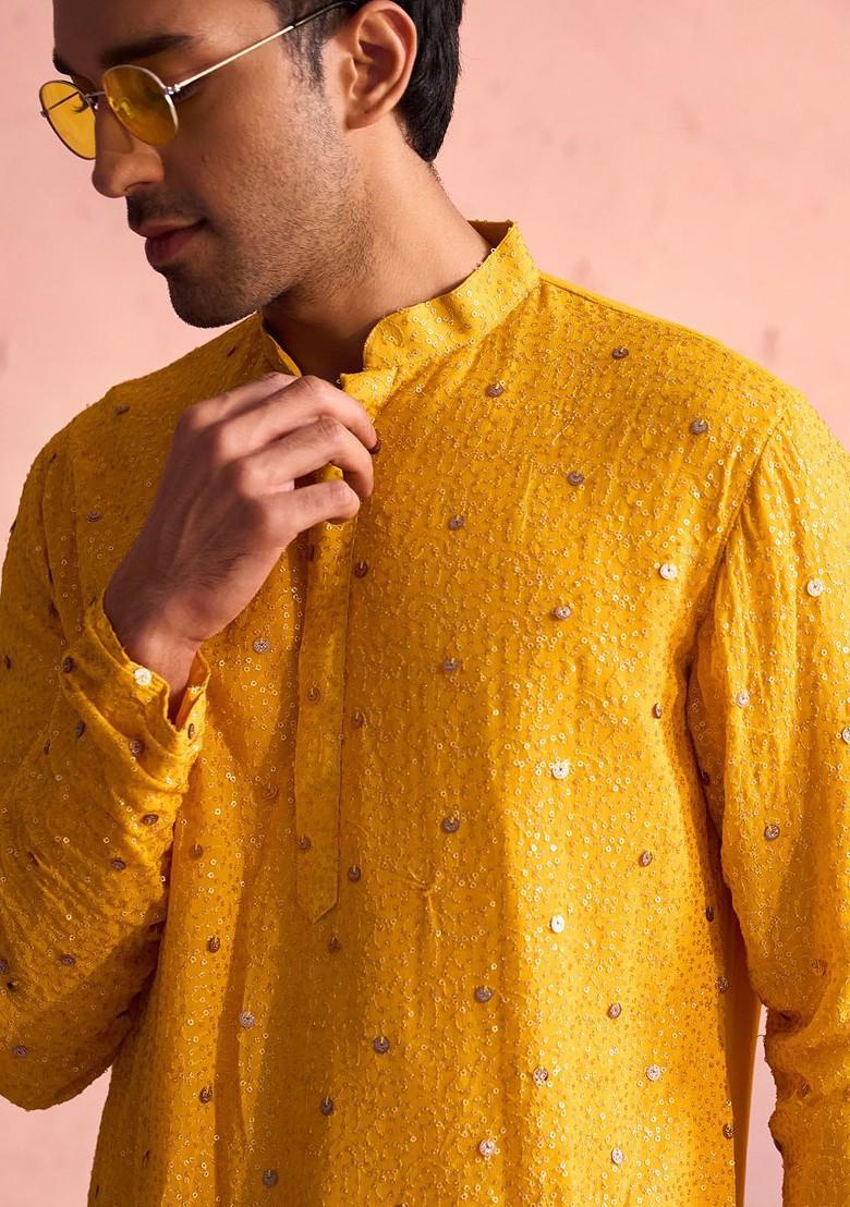 Yellow Embellished Georgette Kurta Set For Men