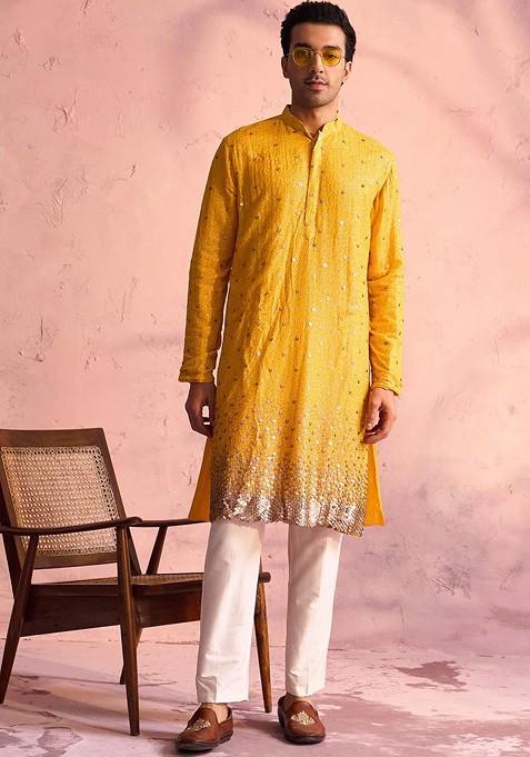 Yellow Embellished Georgette Kurta Set For Men