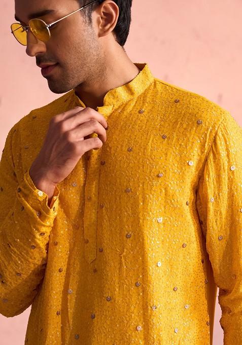 Yellow Embellished Georgette Kurta Set For Men