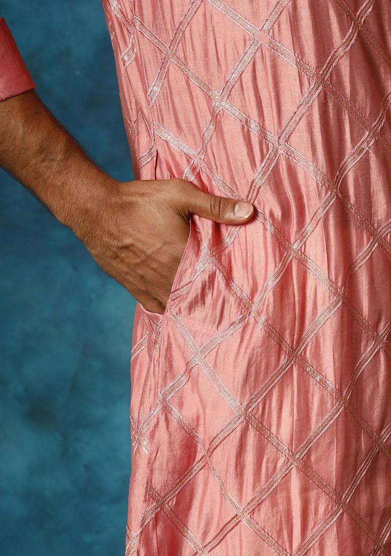Pink Embroidered Poly Blend Kurta Set For Men