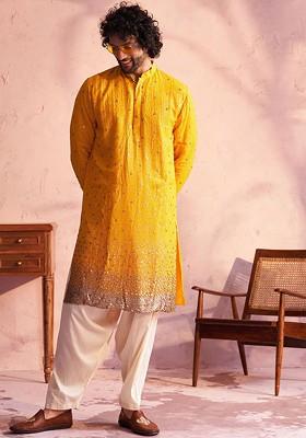 Yellow Ethnic Motifs Poly Blend Kurta Set For Men