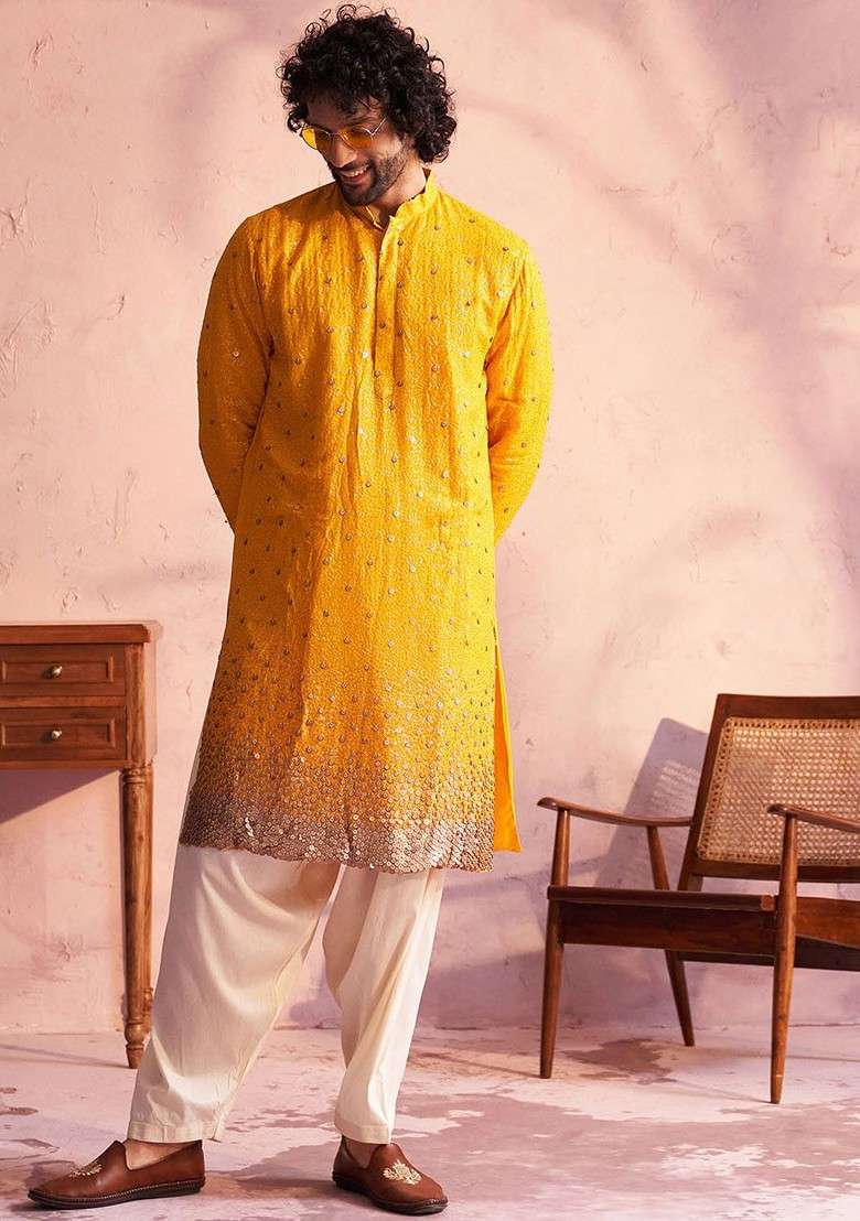 Yellow Ethnic Motifs Poly Blend Kurta Set For Men - Indya