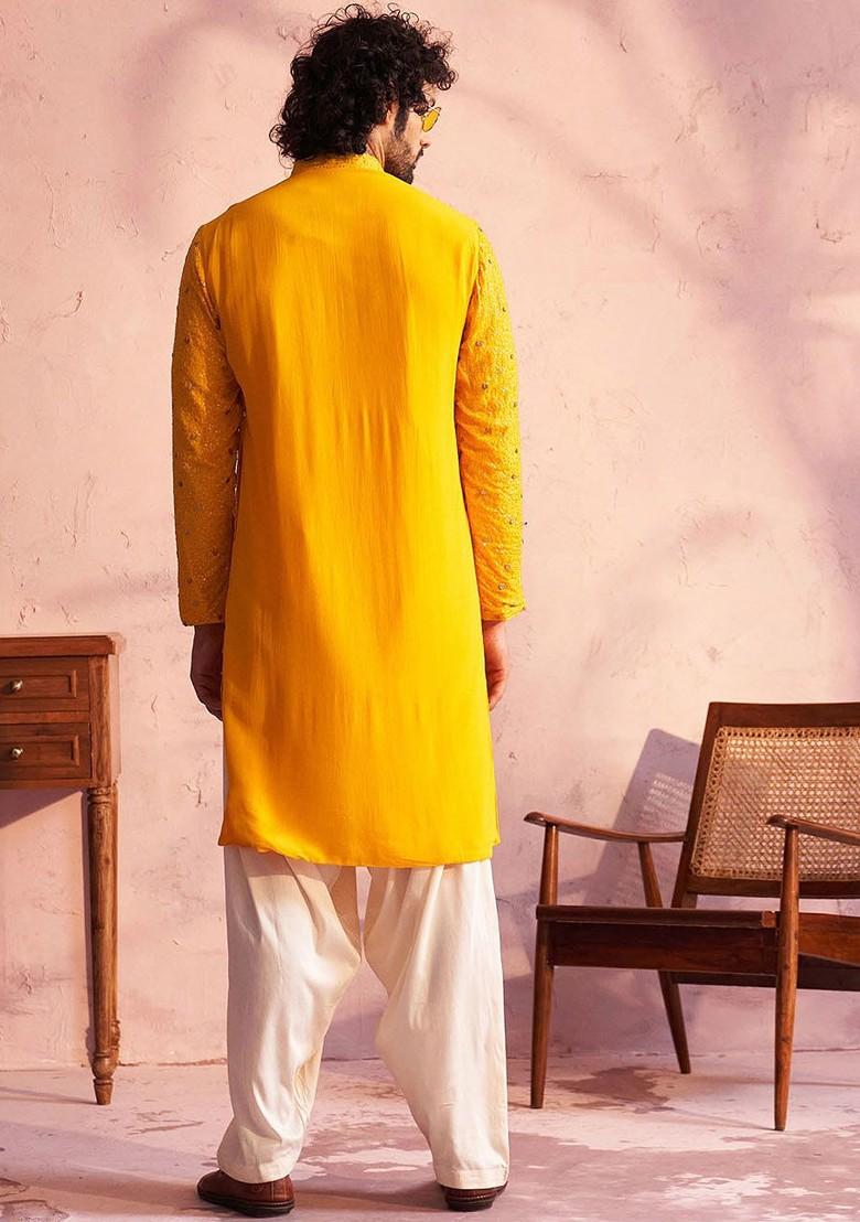Yellow Ethnic Motifs Poly Blend Kurta Set For Men