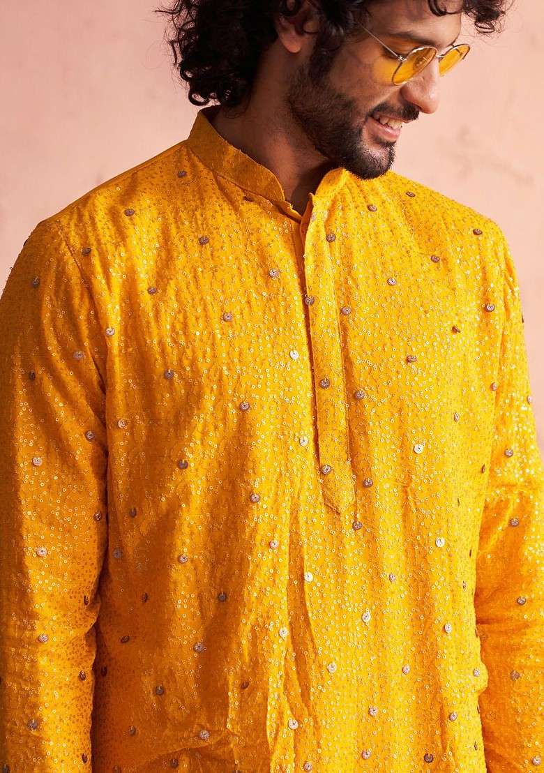 Yellow Ethnic Motifs Poly Blend Kurta Set For Men - Indya