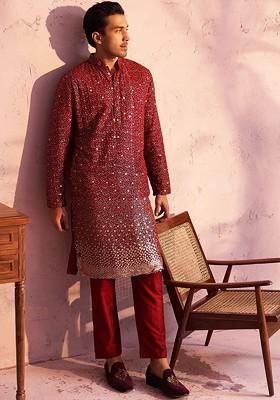 Maroon Ethnic Motifs Poly Blend Kurta Set For Men