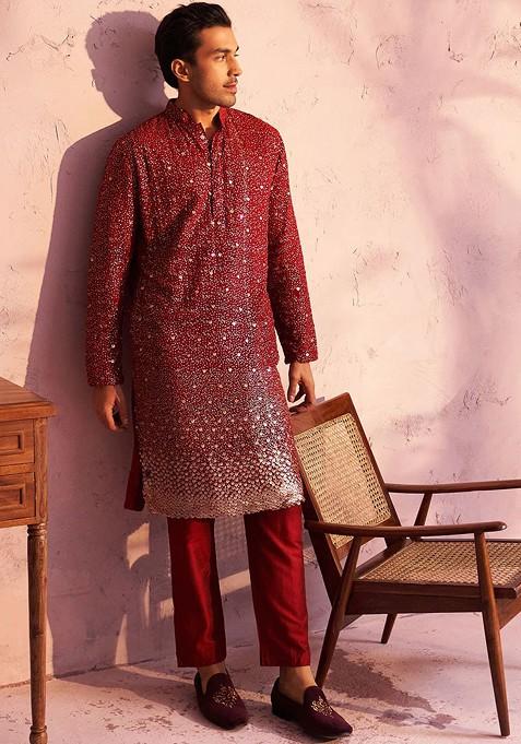Maroon Ethnic Motifs Poly Blend Kurta Set For Men — view on Indya