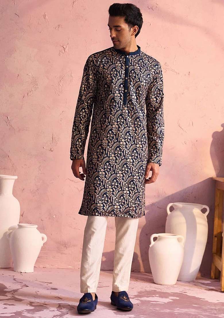 Turquoise Blue Ethnic Motifs Poly Blend Kurta Set For Men - Indya