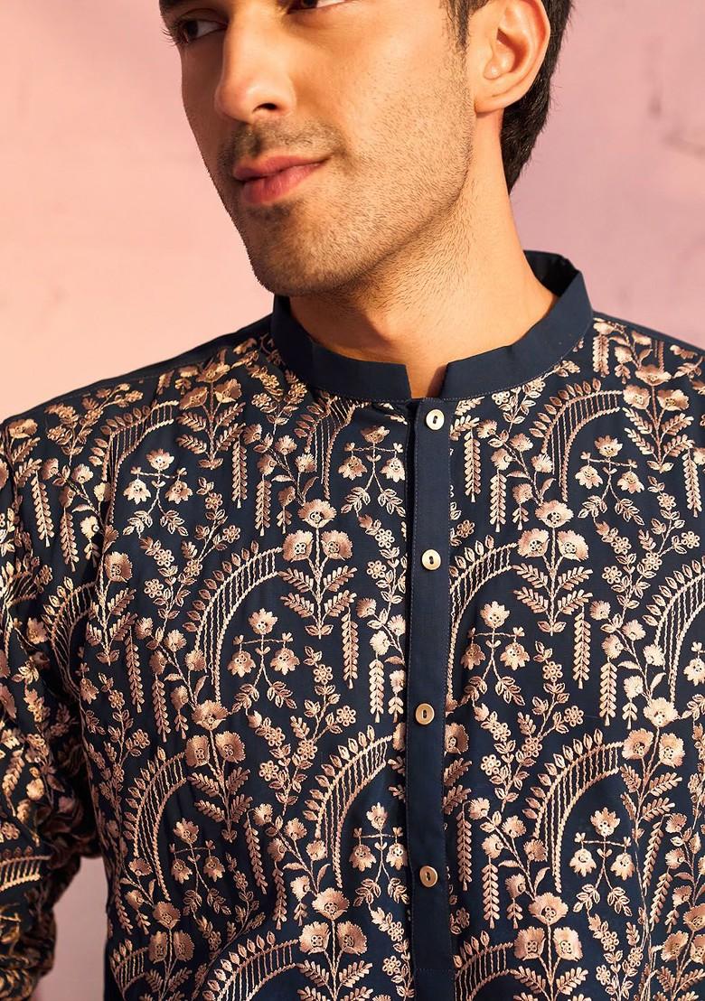 Turquoise Blue Ethnic Motifs Poly Blend Kurta Set For Men