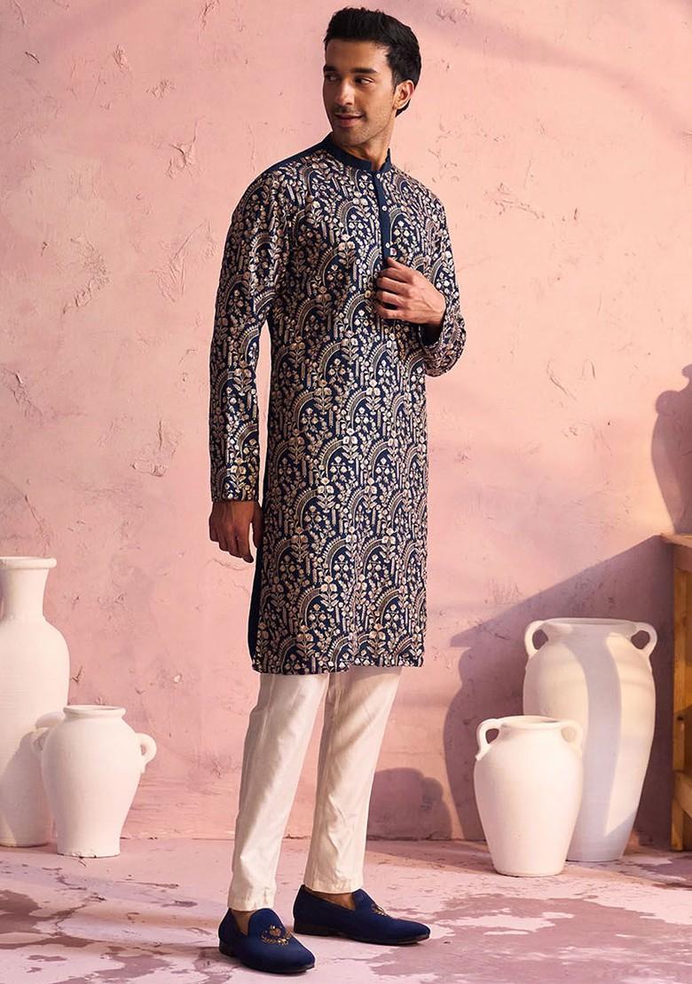 Turquoise Blue Ethnic Motifs Poly Blend Kurta Set For Men