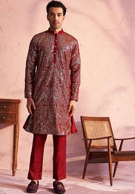Maroon Ethnic Motifs Poly Blend Kurta Set For Men