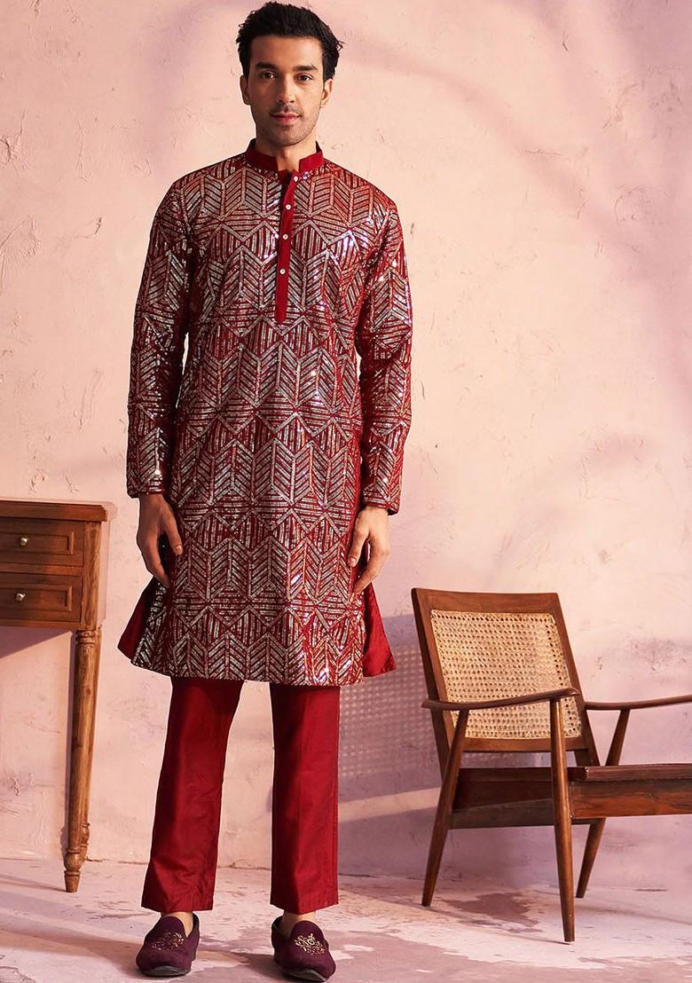 Maroon Ethnic Motifs Poly Blend Kurta Set For Men
