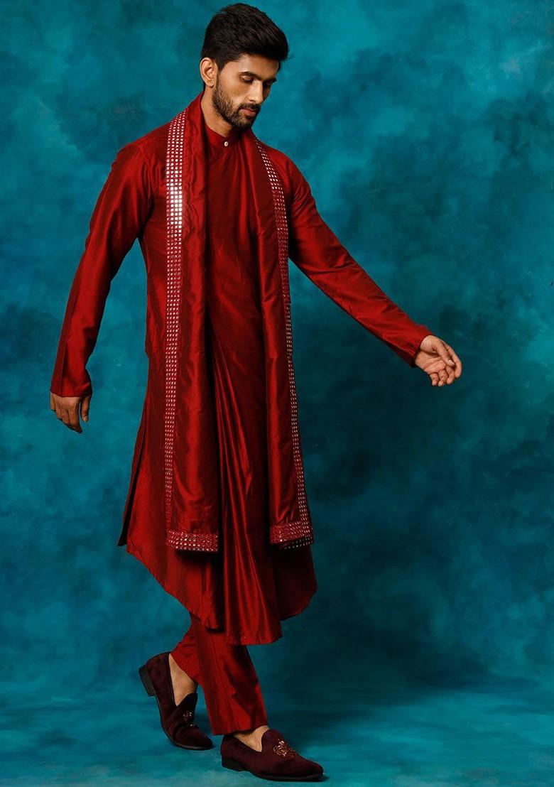 Maroon Mirror Work Poly Blend Kurta Set For Men