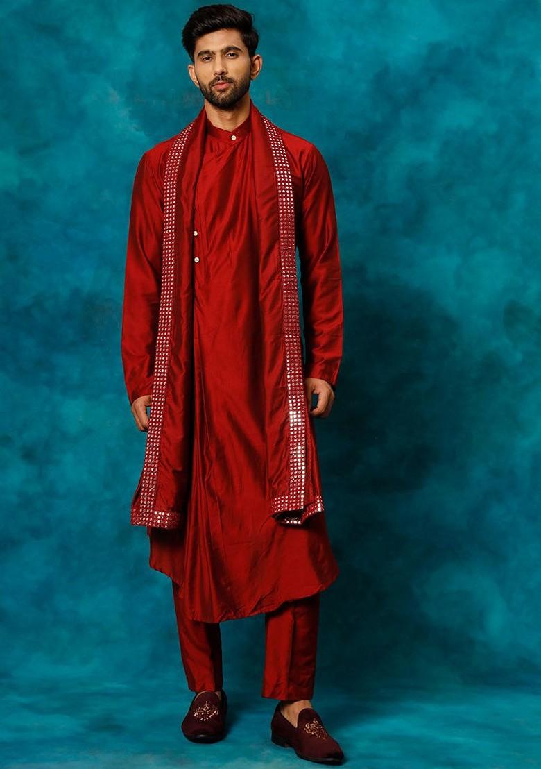 Maroon Mirror Work Poly Blend Kurta Set For Men