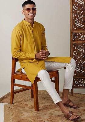 Mustard Solid Cotton Kurta Set For Men