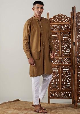 Coffee Brown Solid Cotton Kurta Set For Men