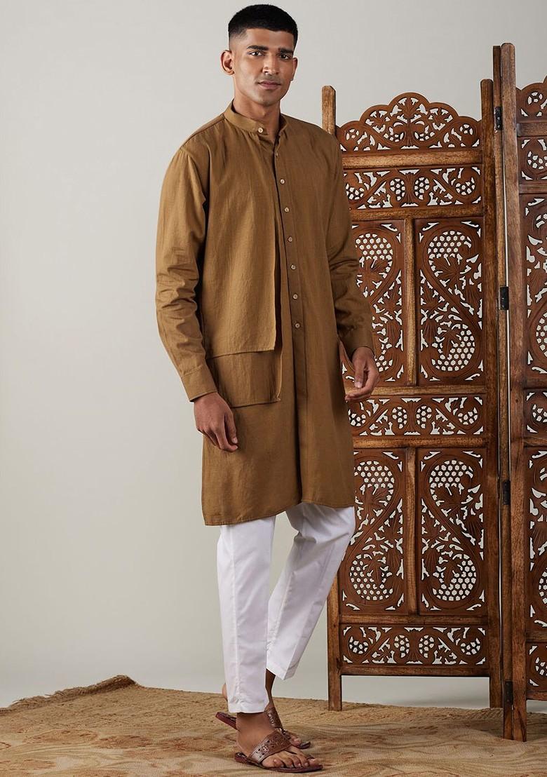 Coffee Brown Solid Cotton Kurta Set For Men