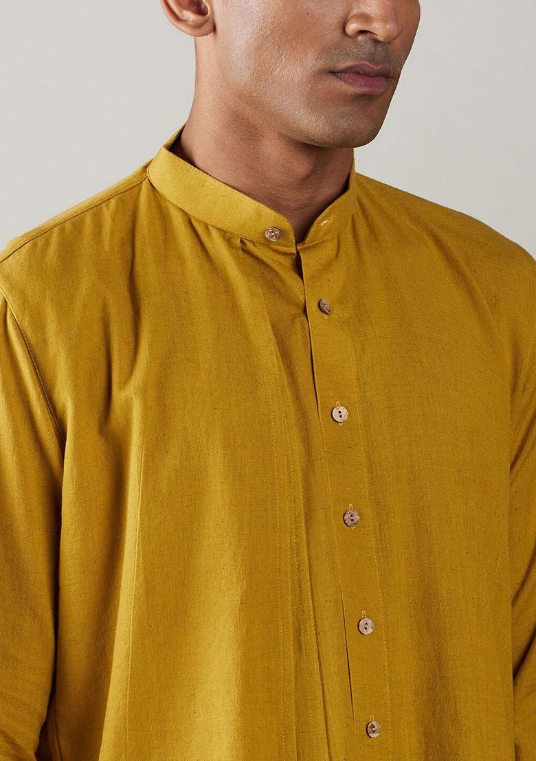Mustard Solid Cotton Kurta Set For Men