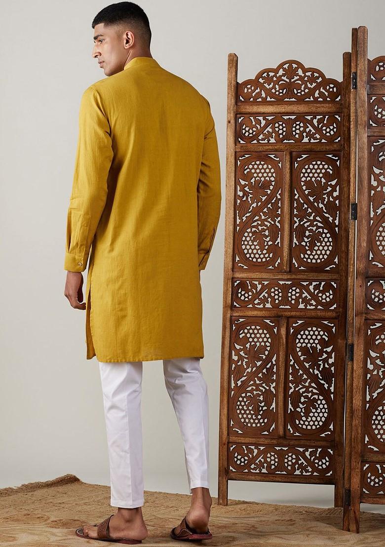 Mustard Solid Cotton Kurta Set For Men
