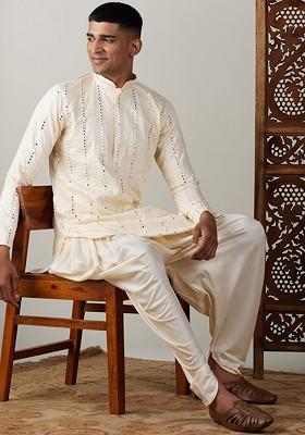 Cream Embroidered Poly Blend Kurta Set For Men