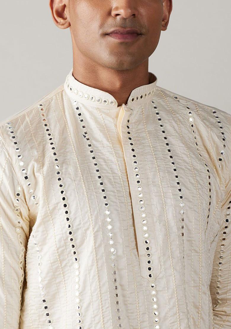 Cream Embroidered Poly Blend Kurta Set For Men