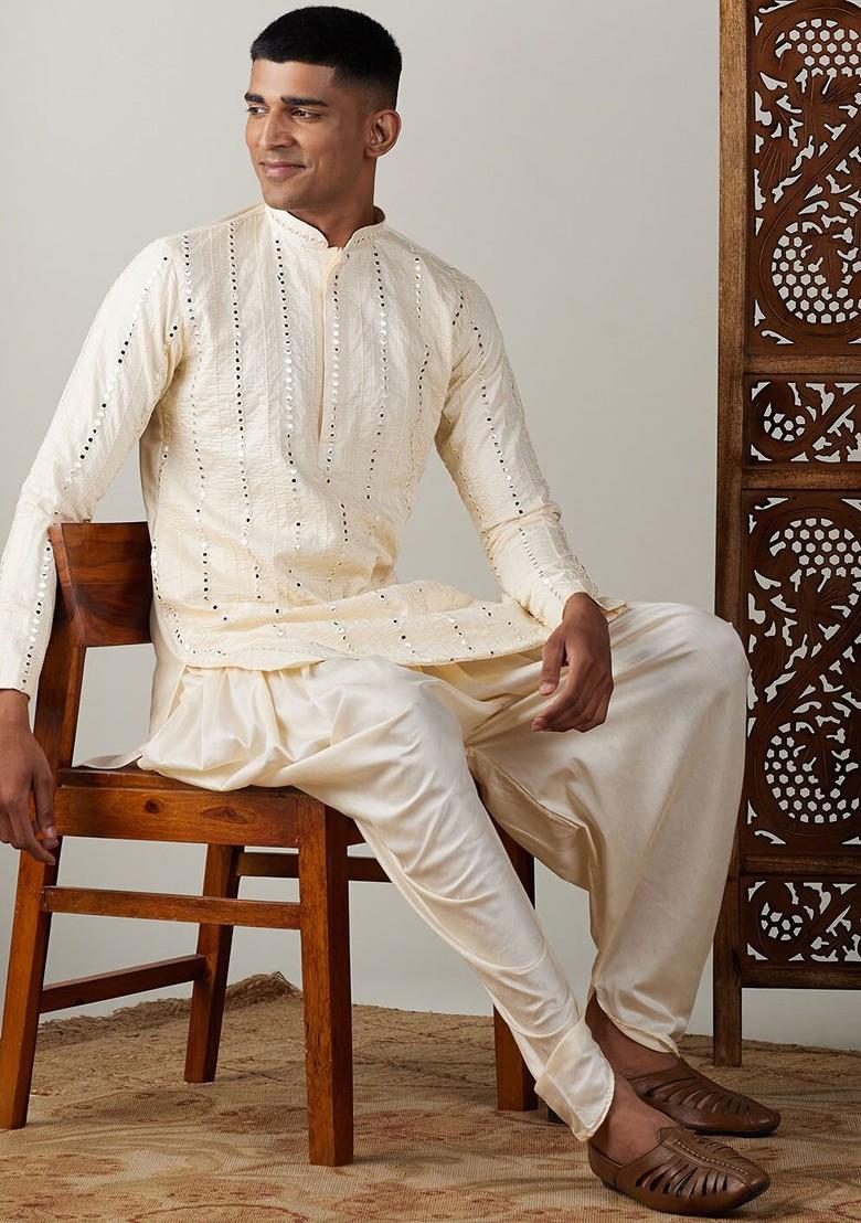 Cream Embroidered Poly Blend Kurta Set For Men