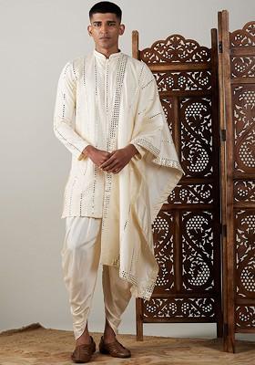 Cream Embroidered Poly Blend Kurta Set For Men