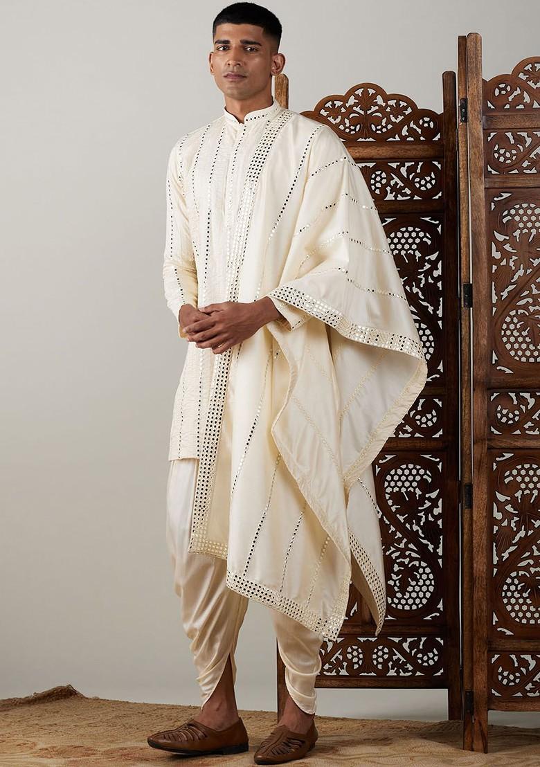 Cream Embroidered Poly Blend Kurta Set For Men