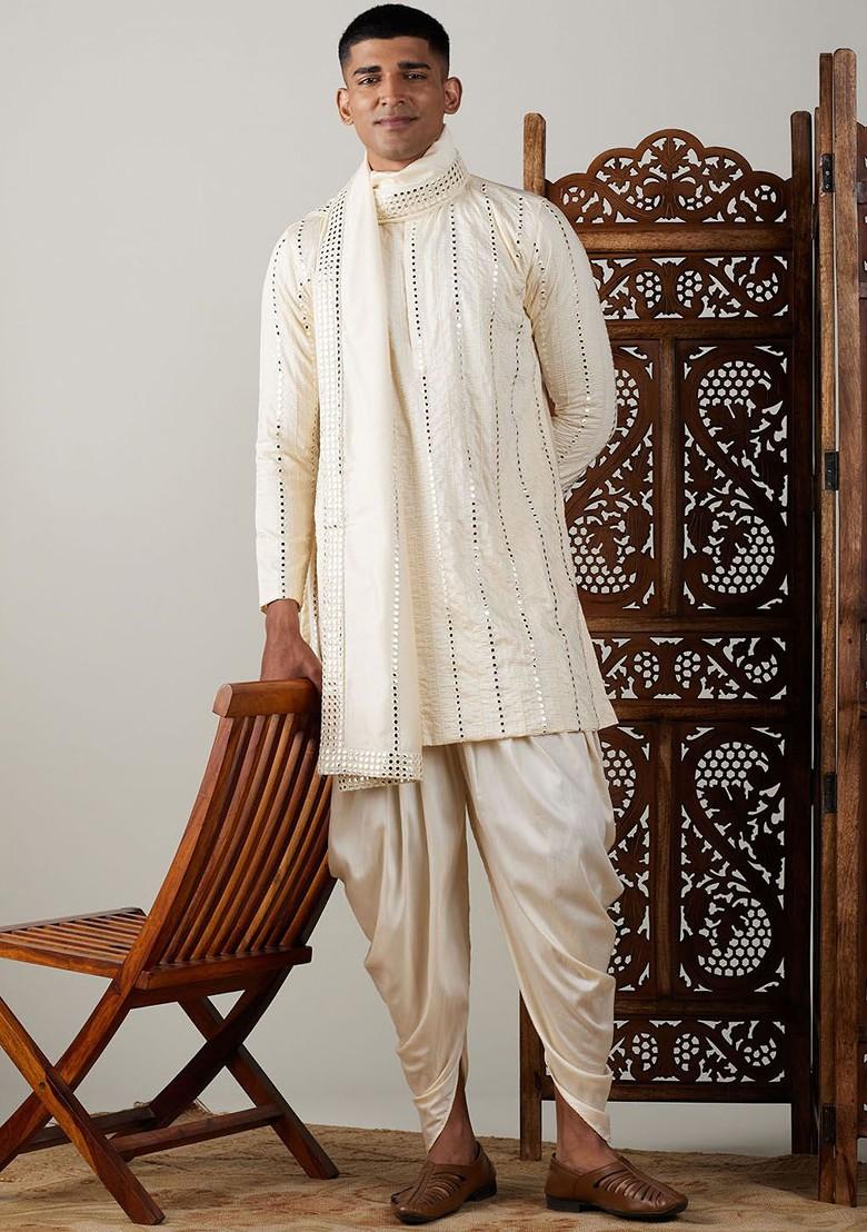 Cream Embroidered Poly Blend Kurta Set For Men