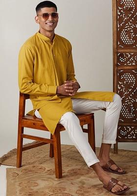 Mustard Solid Cotton Kurta Set For Men
