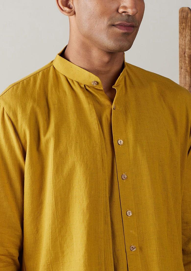 Mustard Solid Cotton Kurta Set For Men