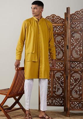 Mustard Solid Cotton Kurta Set For Men
