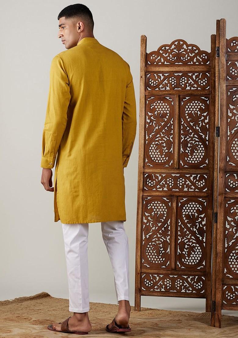 Mustard Solid Cotton Kurta Set For Men