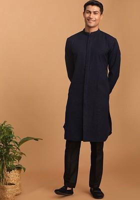 Navy Blue Solid Poly Blend Kurta Set For Men
