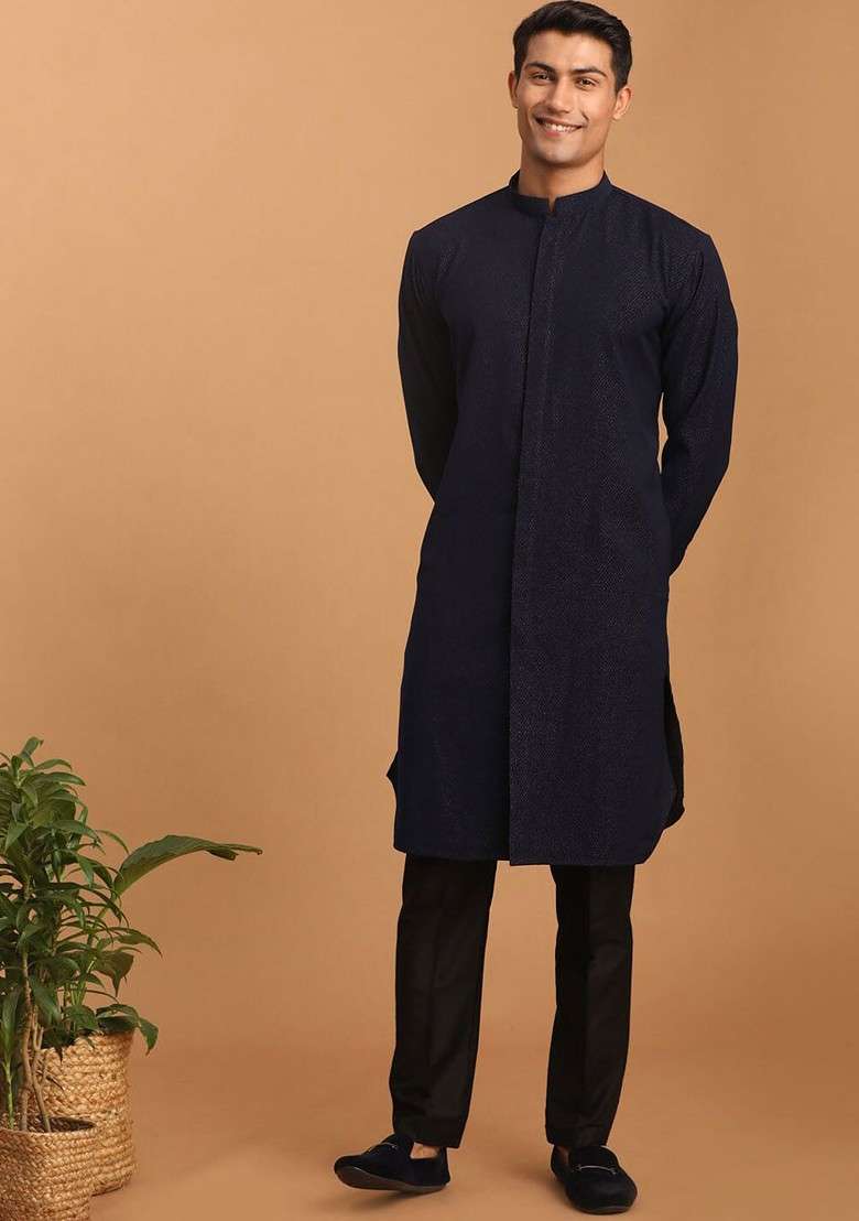 Navy Blue Solid Poly Blend Kurta Set For Men - Indya