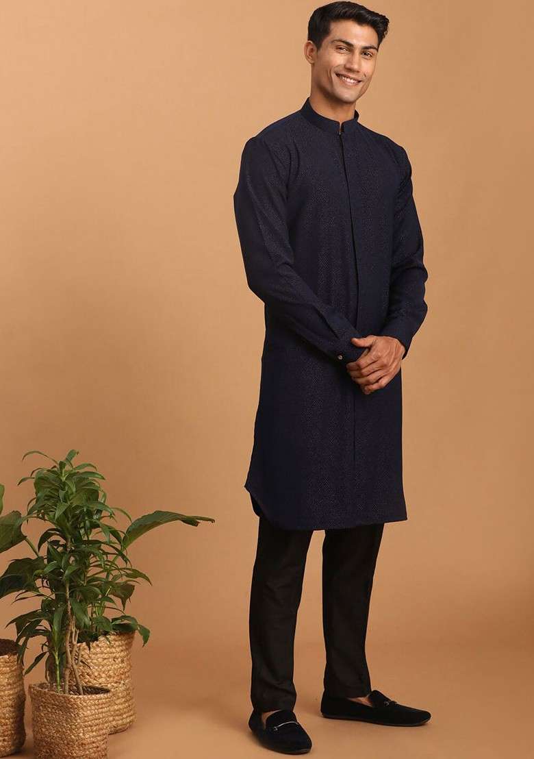 Navy Blue Solid Poly Blend Kurta Set For Men - Indya