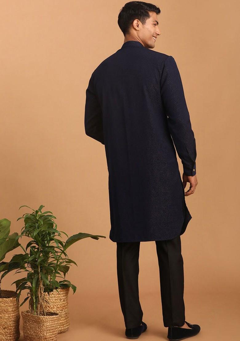 Navy Blue Solid Poly Blend Kurta Set For Men