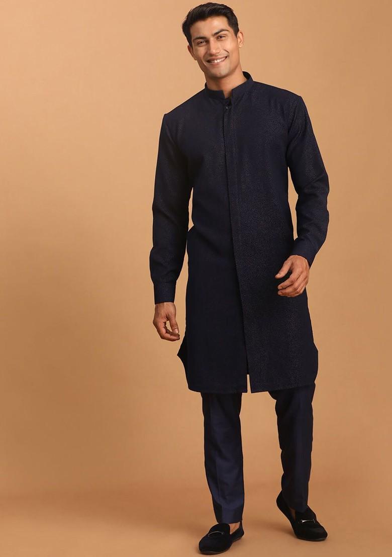 Navy Blue Solid Poly Blend Kurta Set For Men