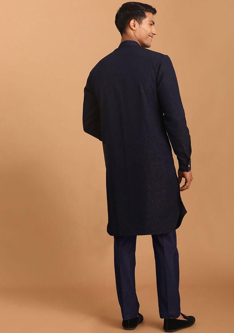 Navy Blue Solid Poly Blend Kurta Set For Men