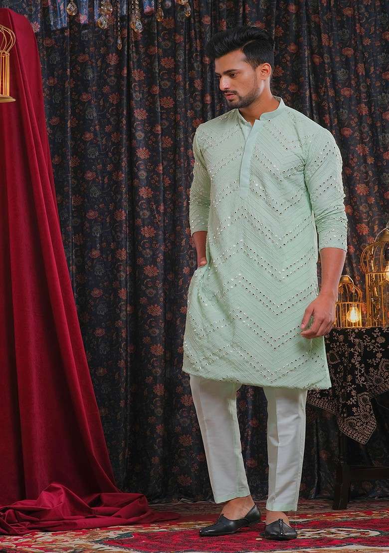Green Embroidered Poly Blend Kurta Set For Men - Indya