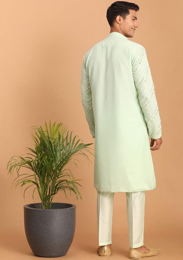 Green Embroidered Poly Blend Kurta Set For Men