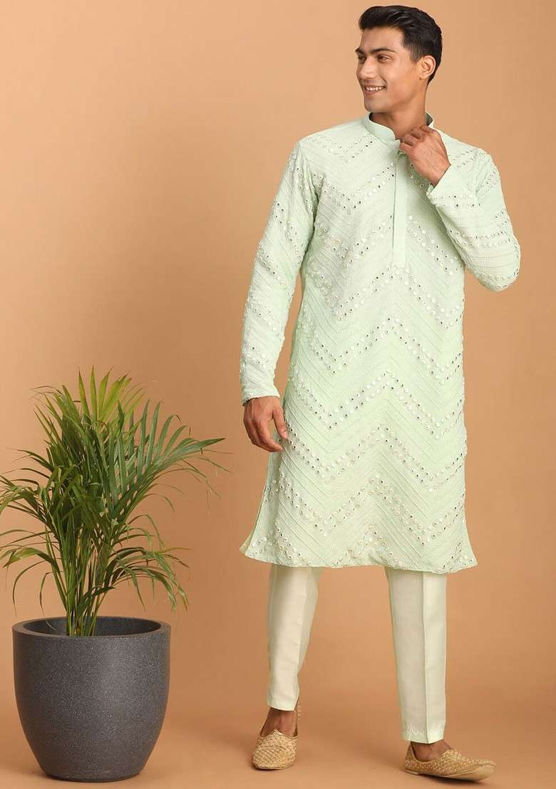 Green Embroidered Poly Blend Kurta Set For Men - Indya