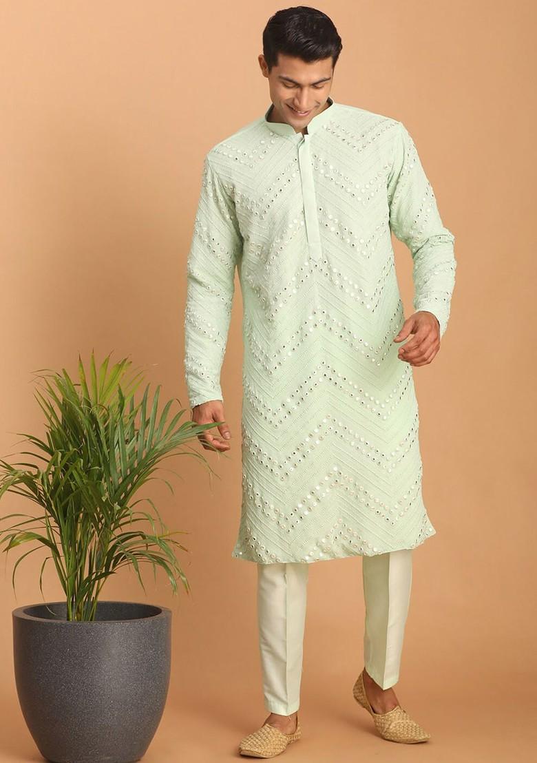 Green Embroidered Poly Blend Kurta Set For Men