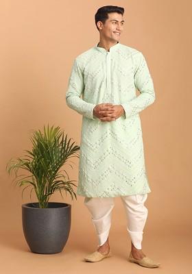 Green Embroidered Poly Blend Kurta Set For Men