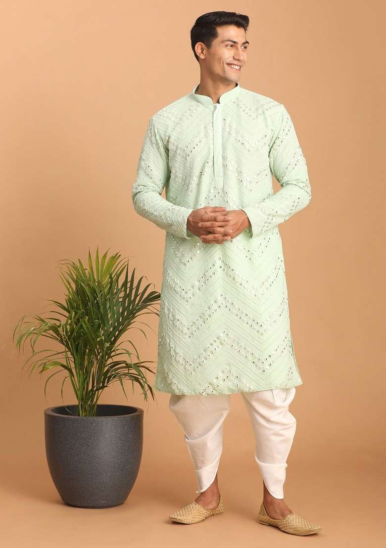 Green Embroidered Poly Blend Kurta Set For Men - Indya