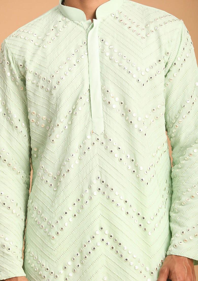Green Embroidered Poly Blend Kurta Set For Men