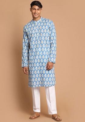 Blue Ethnic Motifs Cotton Kurta Set For Men