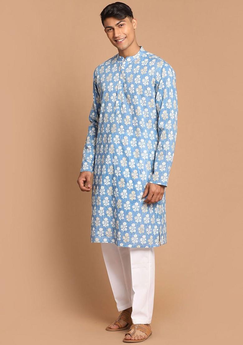 Blue Ethnic Motifs Cotton Kurta Set For Men