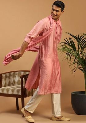 Pink Embroidered Poly Blend Kurta Set For Men